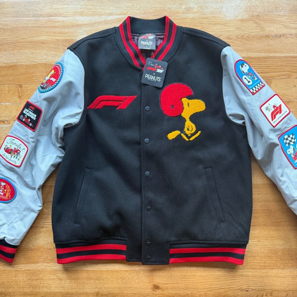 Formula 1 x Peanuts Las Vegas Grand Prix Varsity Jacket Black Grey Mens Large - Picture 1 of 5
